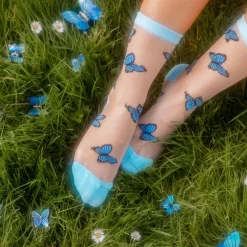 Coucou Suzette Chaussettes Transparentes Papillon - Bleu > Femme Fabriqué En Europe|Chaussettes