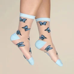 Coucou Suzette Chaussettes Transparentes Papillon - Bleu > Femme Fabriqué En Europe|Chaussettes
