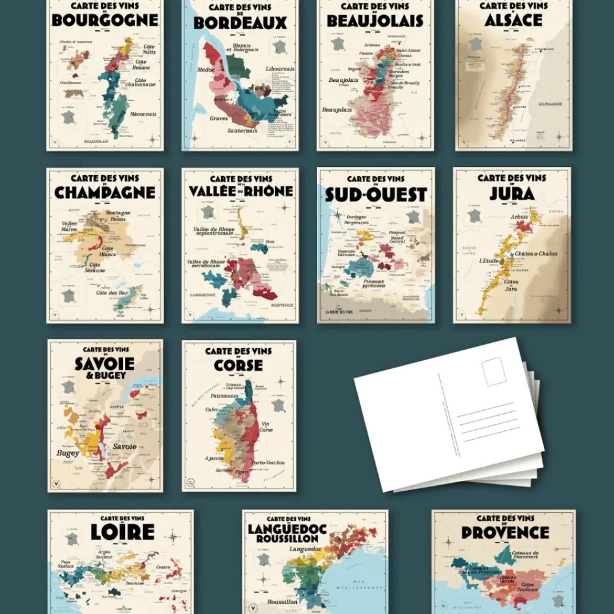 Atelier Vauvenargues Pack 13 Cartes Postales Les Vins de France - 30 x 40 cm - Ecru > Fabriqué En France|Papeterie